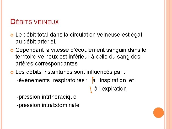 DÉBITS VEINEUX Le débit total dans la circulation veineuse est égal au débit artériel.