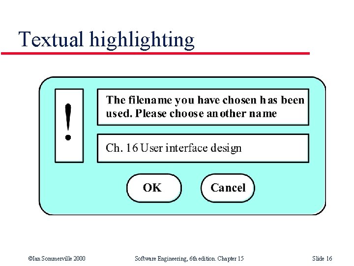 Textual highlighting ©Ian Sommerville 2000 Software Engineering, 6 th edition. Chapter 15 Slide 16