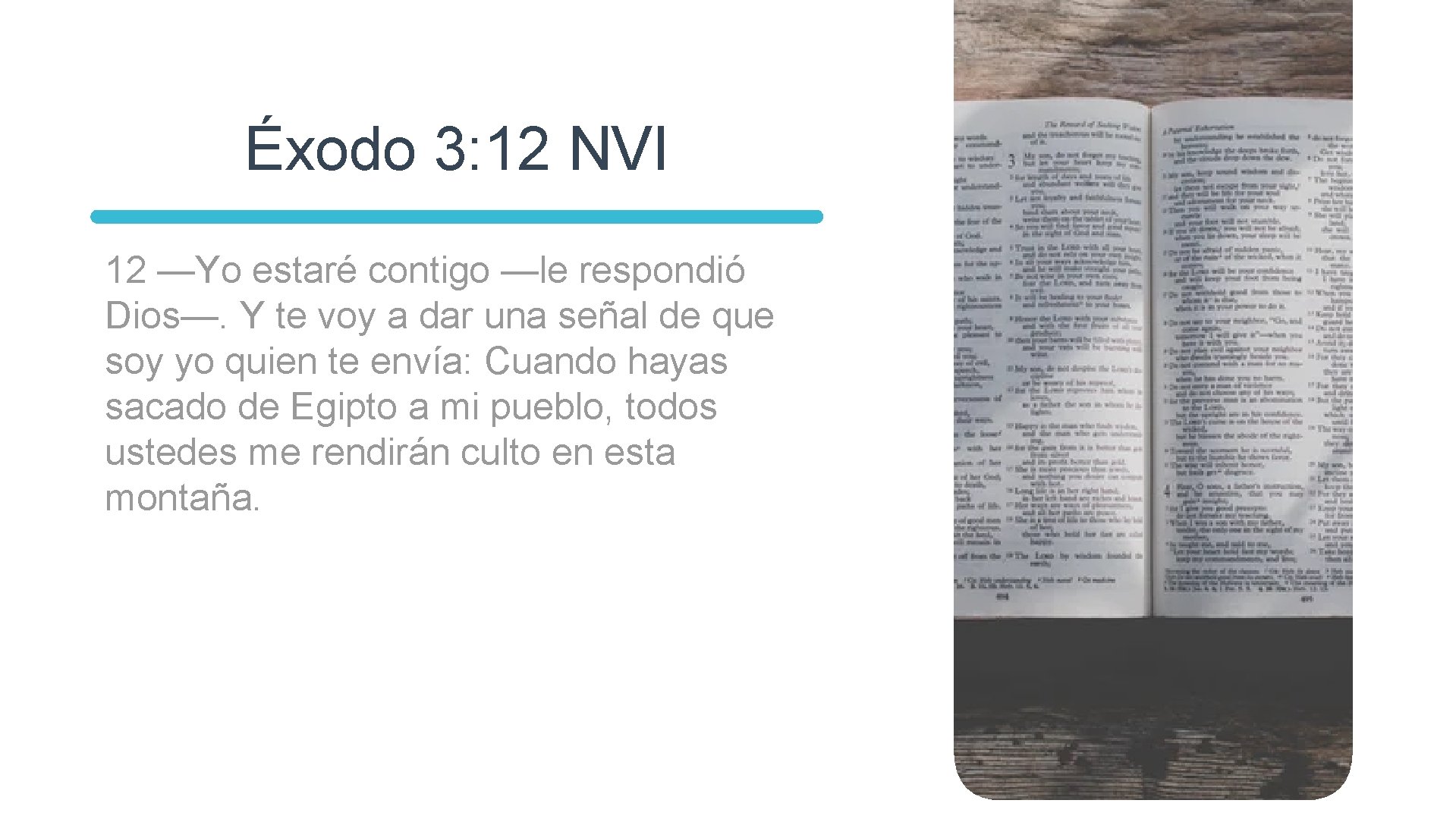 Éxodo 3: 12 NVI 12 —Yo estaré contigo —le respondió Dios—. Y te voy