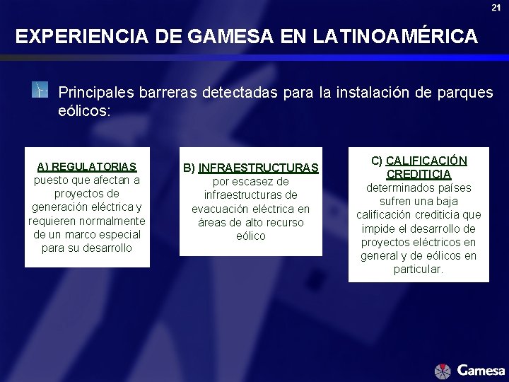 21 EXPERIENCIA DE GAMESA EN LATINOAMÉRICA Principales barreras detectadas para la instalación de parques