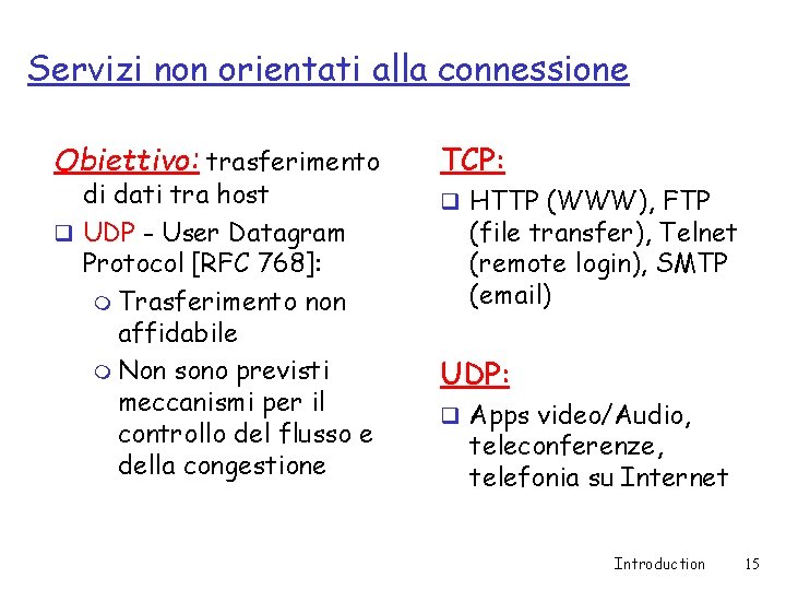 Servizi non orientati alla connessione Obiettivo: trasferimento di dati tra host q UDP -