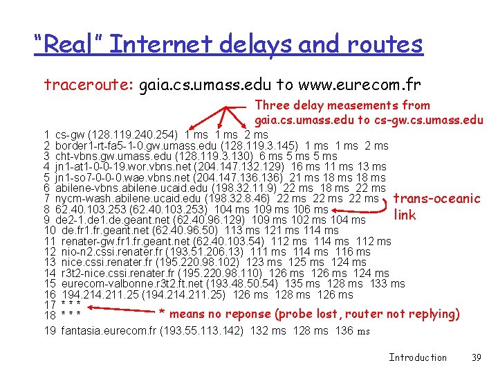 “Real” Internet delays and routes traceroute: gaia. cs. umass. edu to www. eurecom. fr