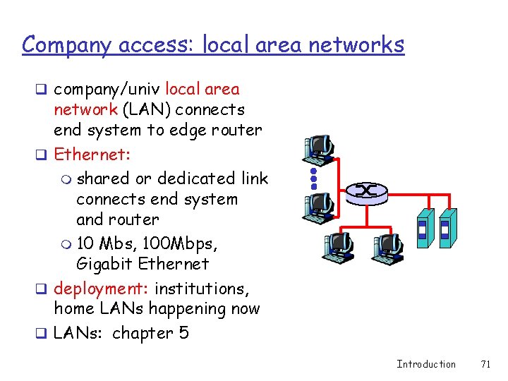 Company access: local area networks q company/univ local area network (LAN) connects end system