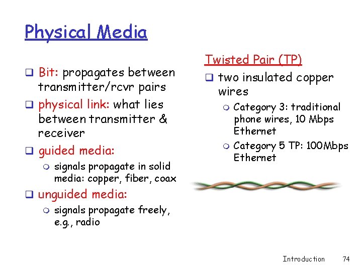 Physical Media q Bit: propagates between transmitter/rcvr pairs q physical link: what lies between