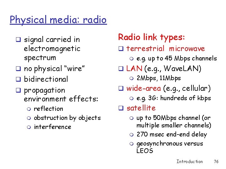 Physical media: radio q signal carried in electromagnetic spectrum q no physical “wire” q