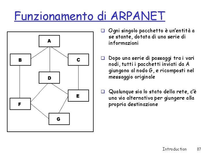 Funzionamento di ARPANET q Ogni singolo pacchetto è un’entità a se stante, dotata di