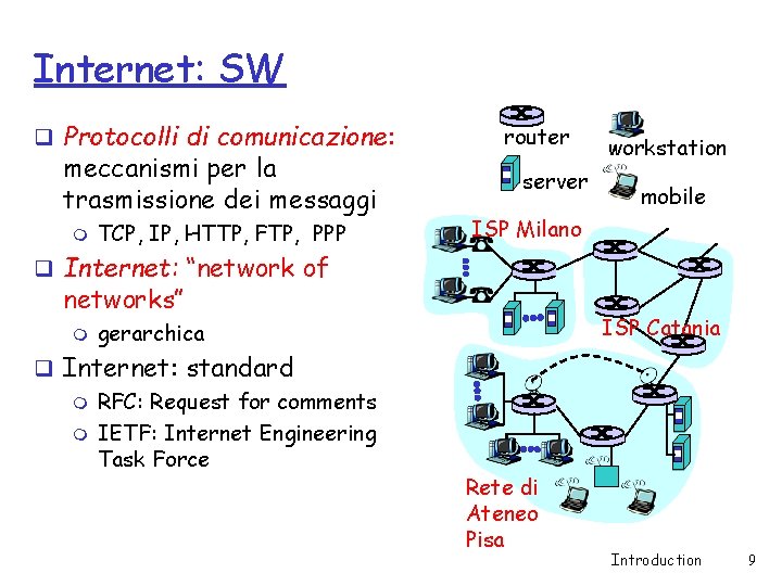 Internet: SW q Protocolli di comunicazione: meccanismi per la trasmissione dei messaggi m TCP,