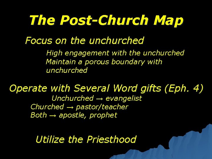 The Post-Church Map Focus on the unchurched High engagement with the unchurched Maintain a