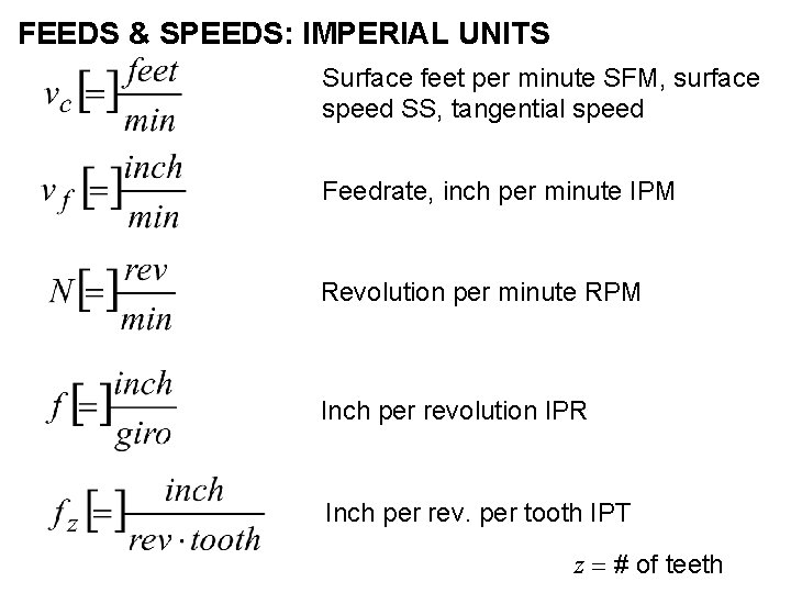 FEEDS & SPEEDS: IMPERIAL UNITS Surface feet per minute SFM, surface speed SS, tangential