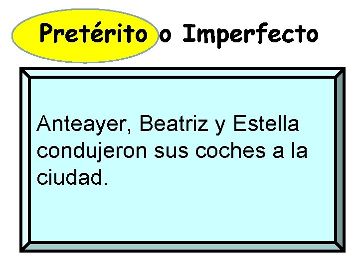 Pretérito o Imperfecto Anteayer, Beatriz y Estella condujeron sus coches a la ciudad. 