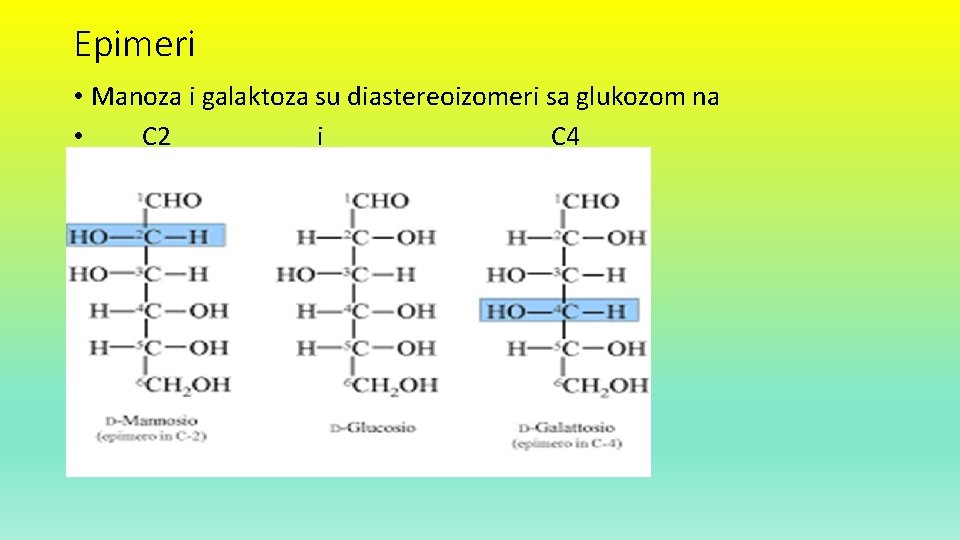 Epimeri • Manoza i galaktoza su diastereoizomeri sa glukozom na • C 2 i