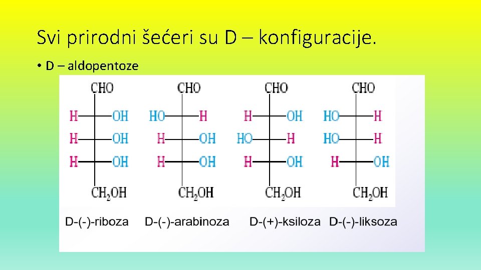 Svi prirodni šećeri su D – konfiguracije. • D – aldopentoze 