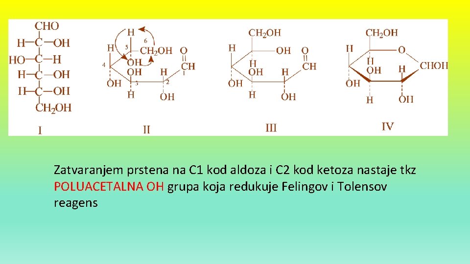 Zatvaranjem prstena na C 1 kod aldoza i C 2 kod ketoza nastaje tkz