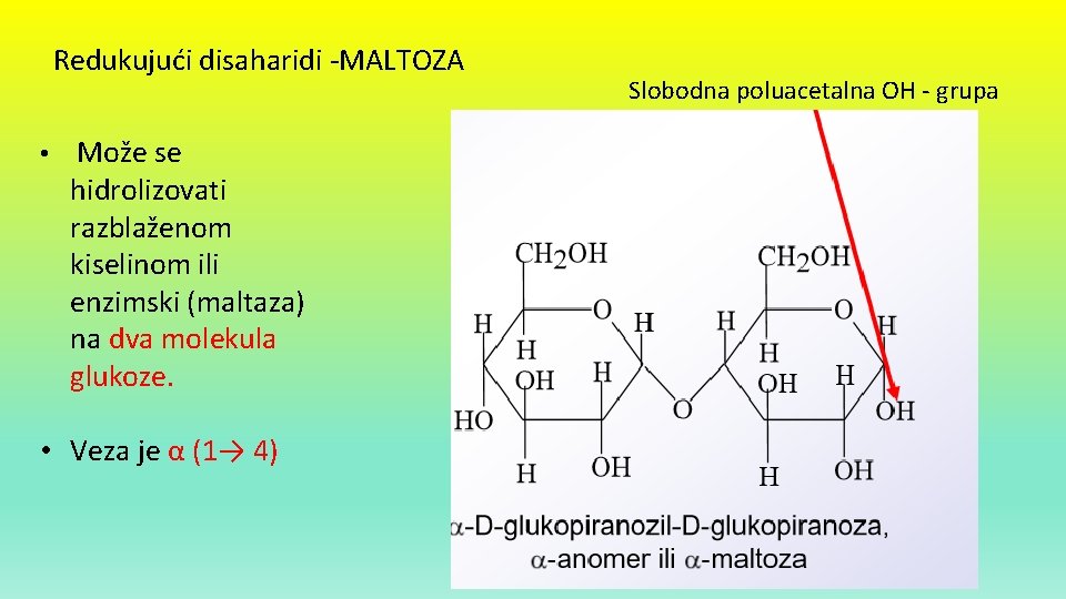Redukujući disaharidi -MALTOZA • Može se hidrolizovati razblaženom kiselinom ili enzimski (maltaza) na dva
