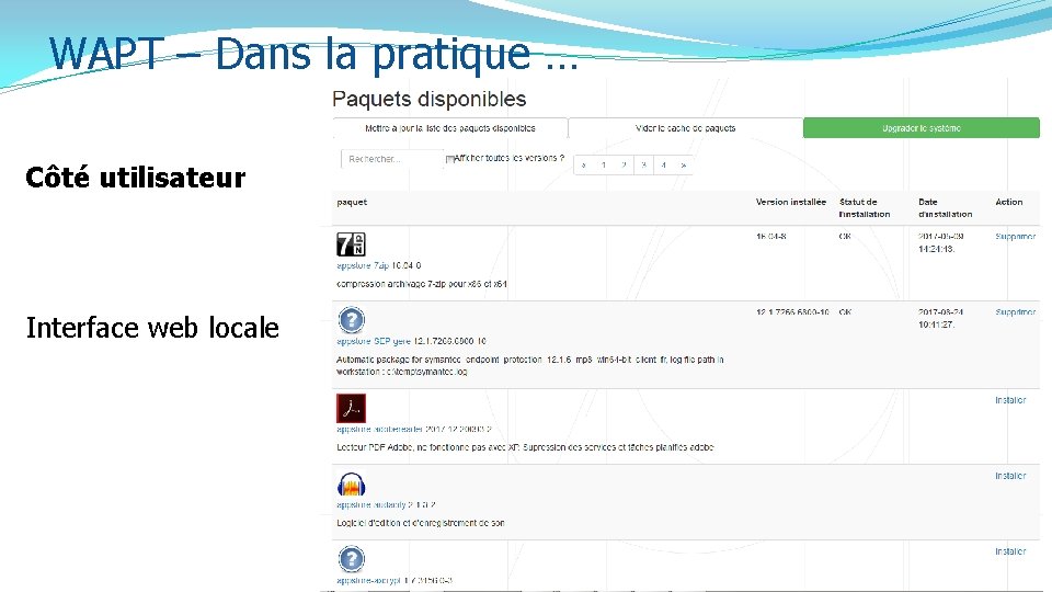 WAPT – Dans la pratique … Côté utilisateur Interface web locale WAPT – Dans la pratique … Côté utilisateur Interface web locale