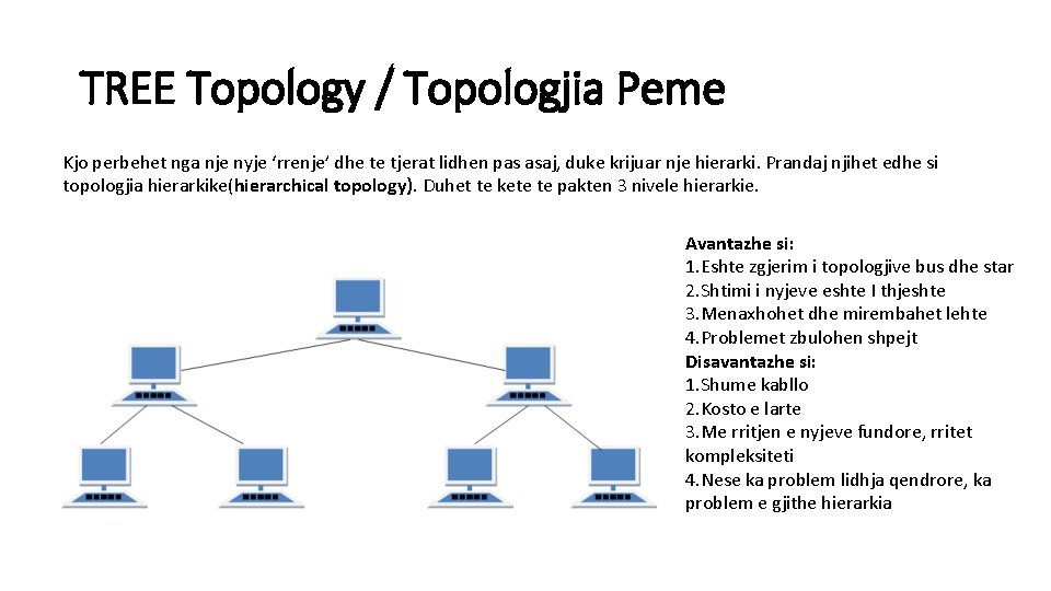 TREE Topology / Topologjia Peme Kjo perbehet nga nje nyje ‘rrenje’ dhe te tjerat
