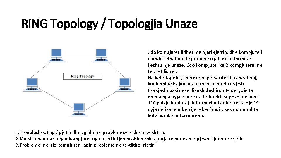 RING Topology / Topologjia Unaze Cdo kompjuter lidhet me njeri-tjetrin, dhe kompjuteri i fundit
