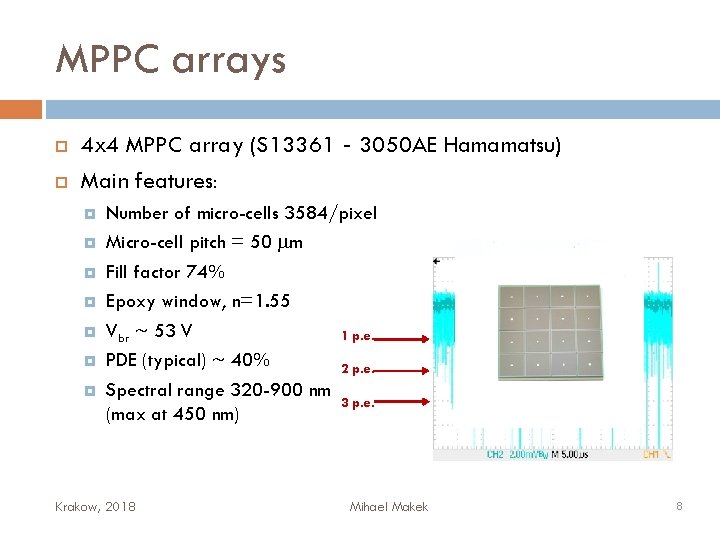 MPPC arrays 4 x 4 MPPC array (S 13361‐ 3050 AE Hamamatsu) Main features: