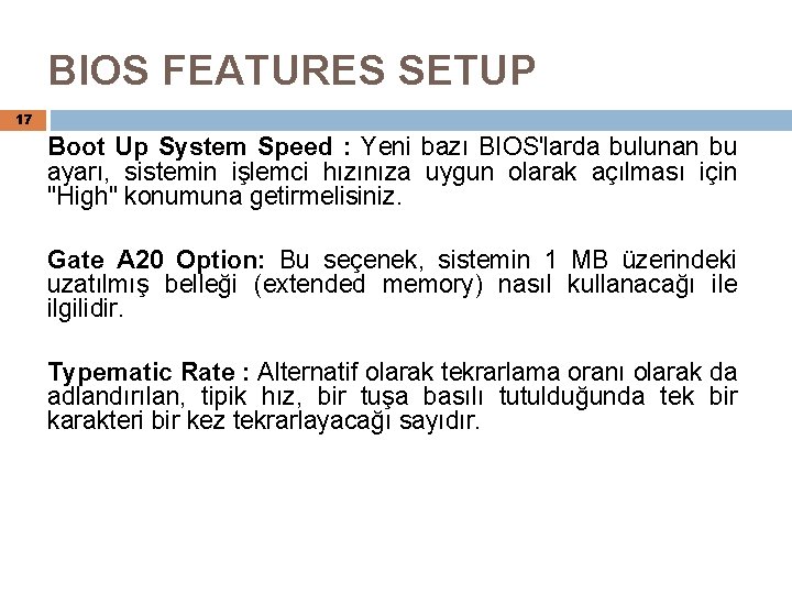 BIOS FEATURES SETUP 17 Boot Up System Speed : Yeni bazı BIOS'larda bulunan bu