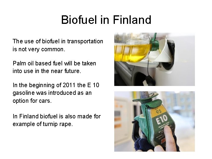 Biofuel in Finland The use of biofuel in transportation is not very common. Palm