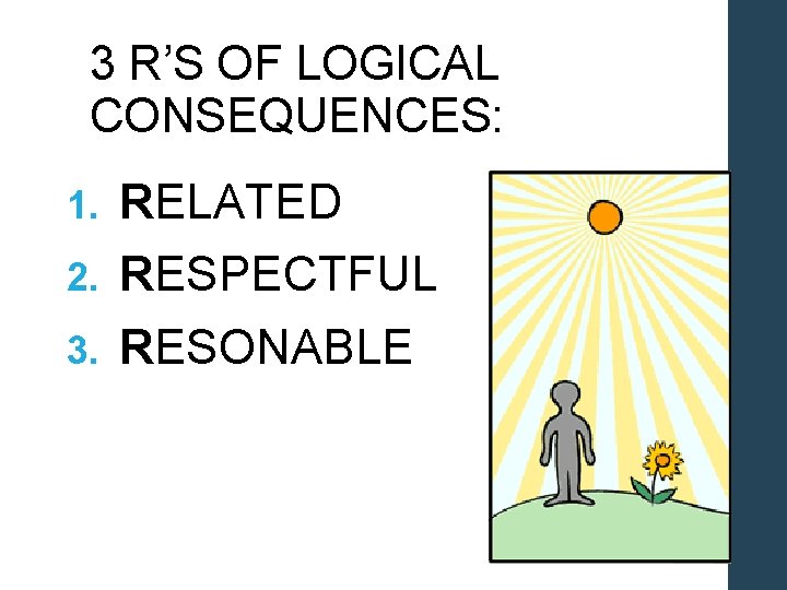 3 R’S OF LOGICAL CONSEQUENCES: 1. RELATED 2. RESPECTFUL 3. RESONABLE 