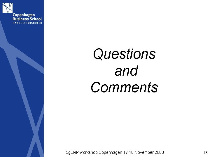 Questions and Comments 3 g. ERP workshop Copenhagen 17 -18 November 2008 13 