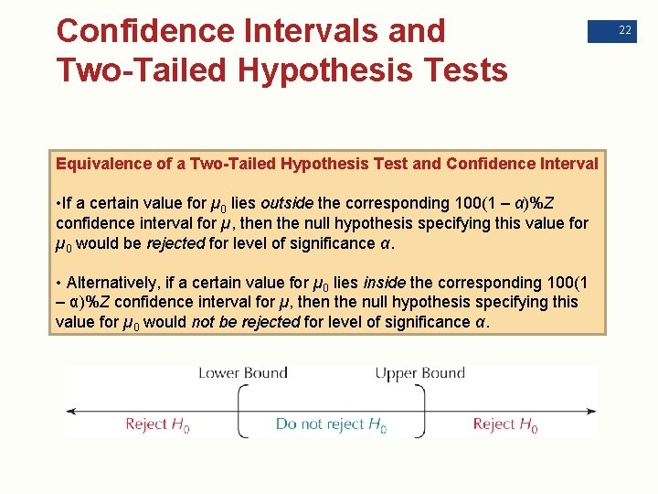 Confidence Intervals and Two-Tailed Hypothesis Tests Equivalence of a Two-Tailed Hypothesis Test and Confidence