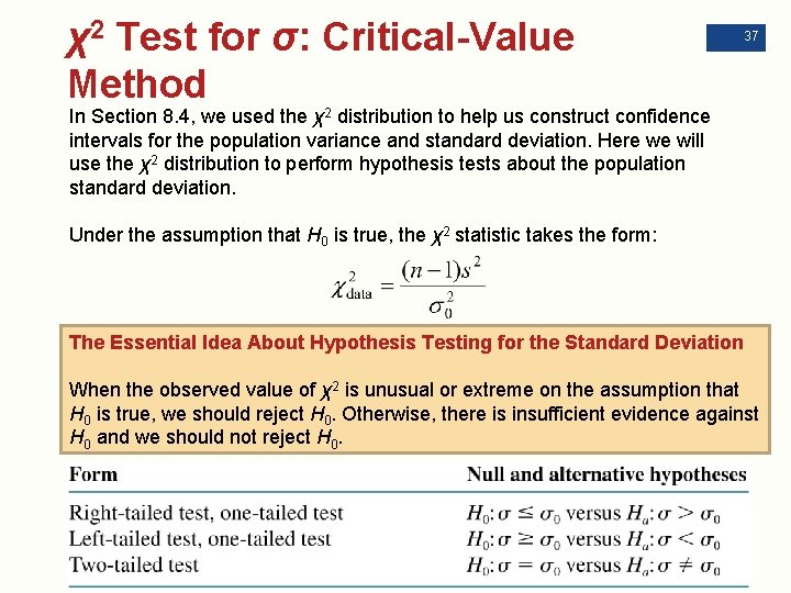 χ2 Test for σ: Critical-Value Method 37 In Section 8. 4, we used the