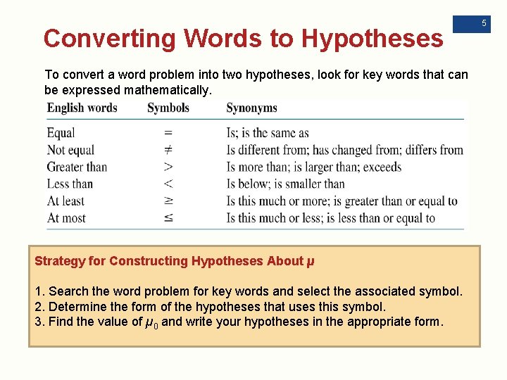 Converting Words to Hypotheses To convert a word problem into two hypotheses, look for