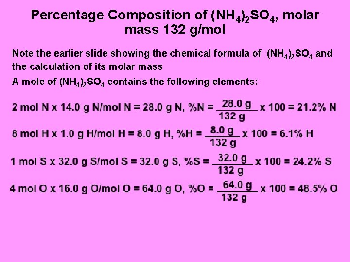 Percentage Composition of (NH 4)2 SO 4, molar mass 132 g/mol Note the earlier