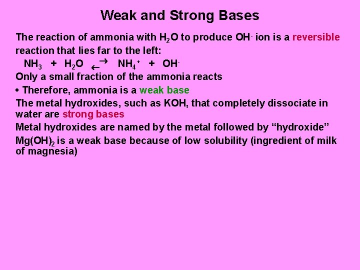 Weak and Strong Bases The reaction of ammonia with H 2 O to produce