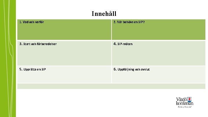 Innehåll 1. Vad och varför 2. När behövs en SIP? 3. Start och förberedelser
