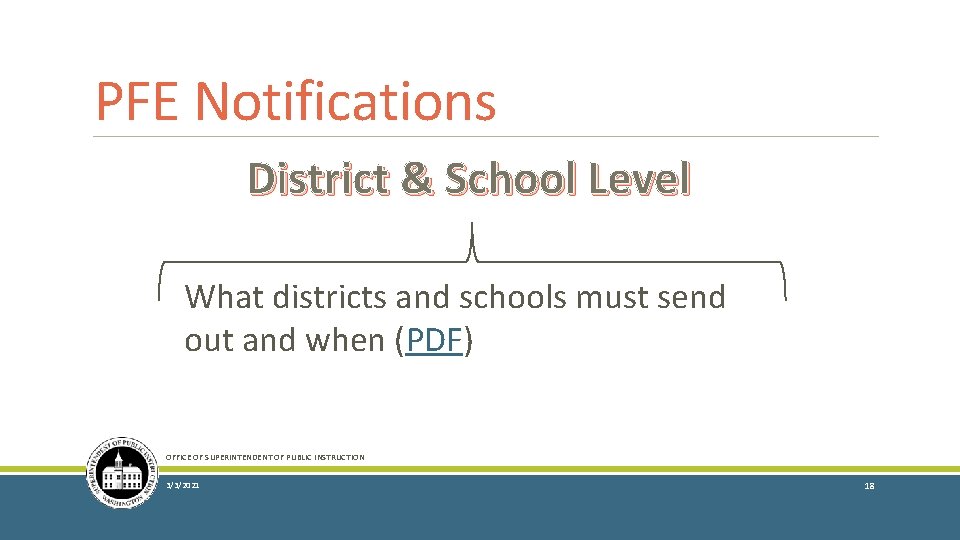 PFE Notifications District & School Level What districts and schools must send out and