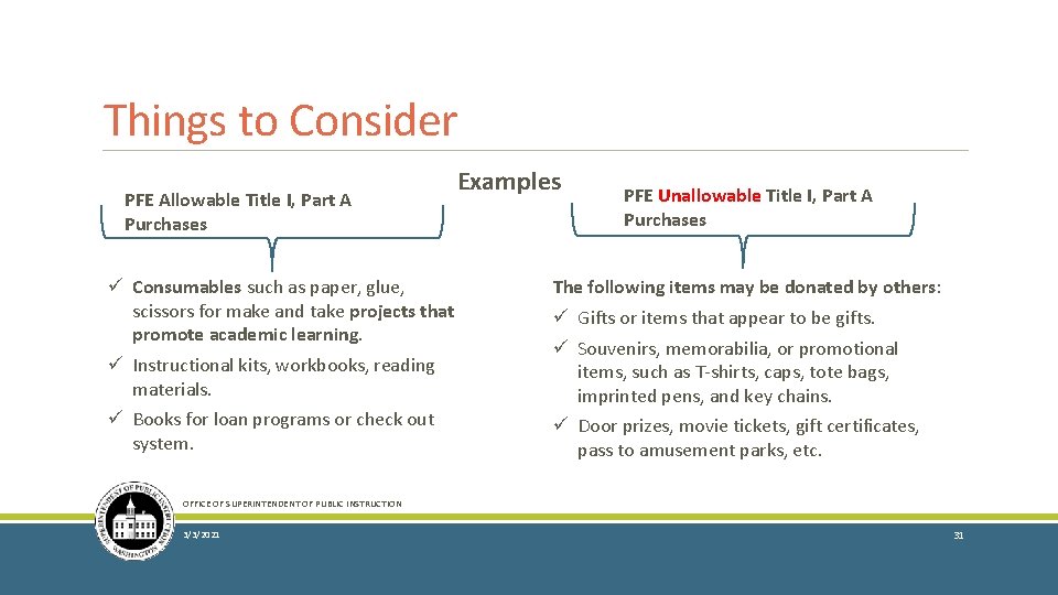 Things to Consider PFE Allowable Title I, Part A Purchases ü Consumables such as