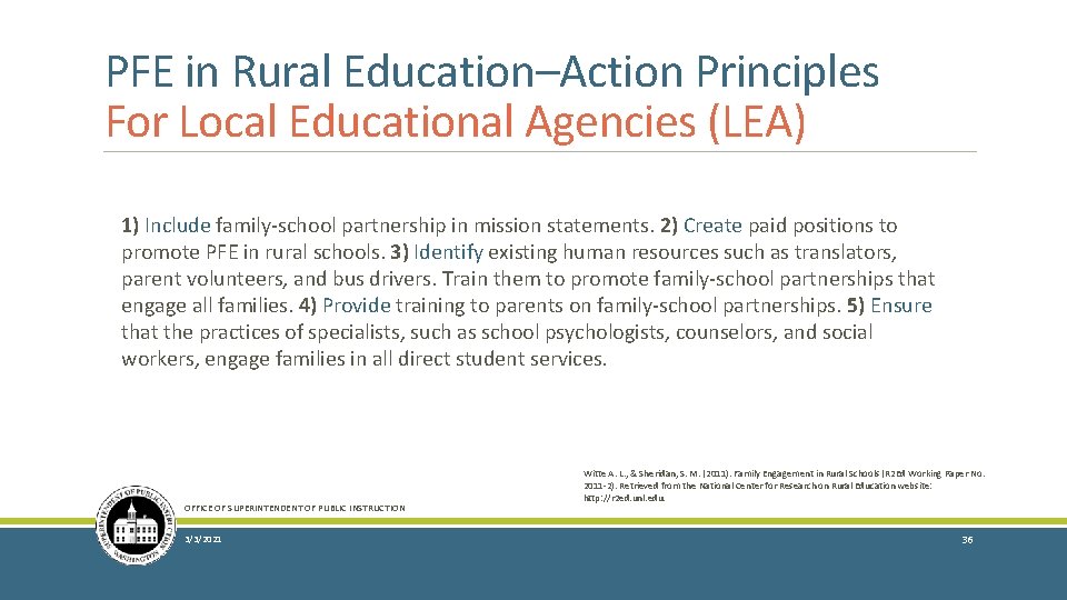 PFE in Rural Education–Action Principles For Local Educational Agencies (LEA) 1) Include family-school partnership