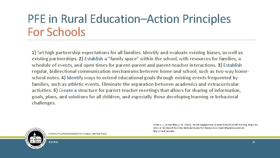 PFE in Rural Education–Action Principles For Schools 1) Set high partnership expectations for all