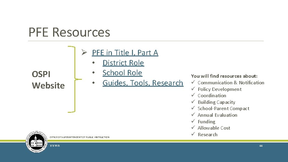 PFE Resources OSPI Website Ø PFE in Title I, Part A • District Role