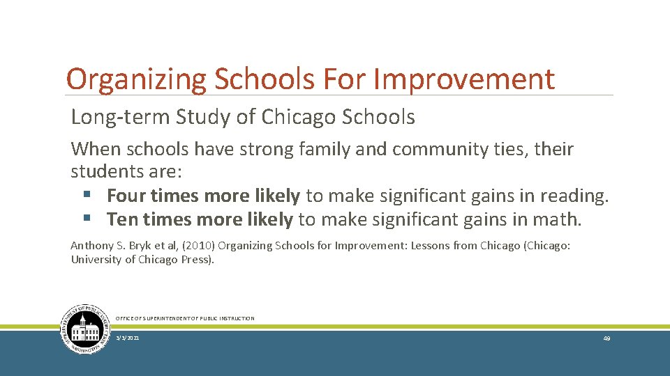 Organizing Schools For Improvement Long-term Study of Chicago Schools When schools have strong family