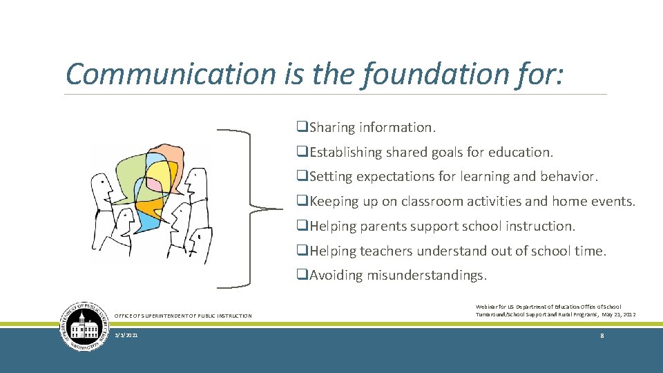 Communication is the foundation for: q. Sharing information. q. Establishing shared goals for education.