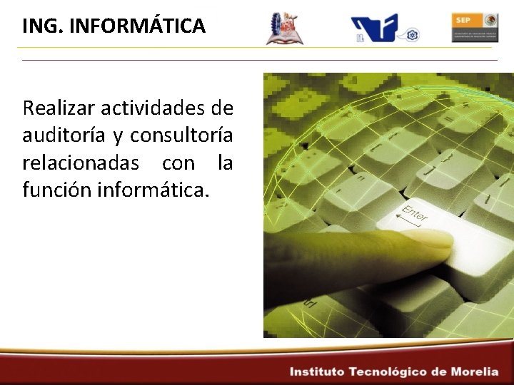 ING. INFORMÁTICA Realizar actividades de auditoría y consultoría relacionadas con la función informática. 
