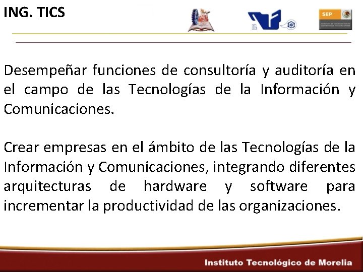 ING. TICS Desempeñar funciones de consultoría y auditoría en el campo de las Tecnologías