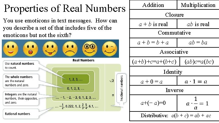 Properties of Real Numbers You use emoticons in text messages. How can you describe Properties of Real Numbers You use emoticons in text messages. How can you describe