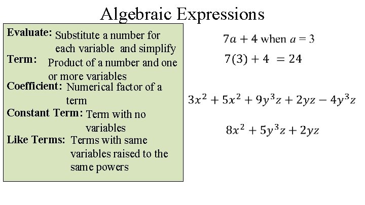 Algebraic Expressions Evaluate: Substitute a number for each variable and simplify Term: Product of Algebraic Expressions Evaluate: Substitute a number for each variable and simplify Term: Product of