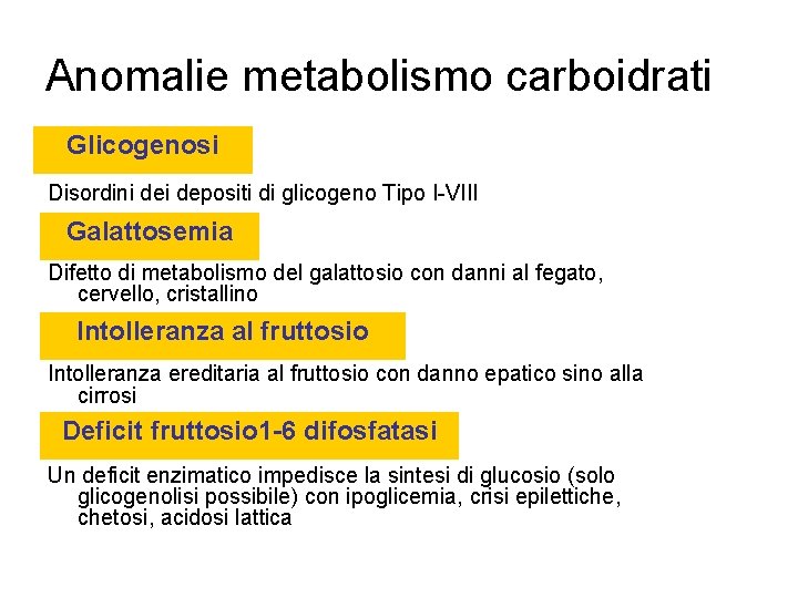 Anomalie metabolismo carboidrati Glicogenosi Disordini depositi di glicogeno Tipo I-VIII Galattosemia Difetto di metabolismo