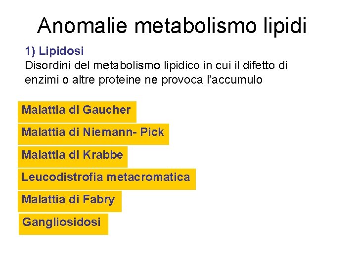 Anomalie metabolismo lipidi 1) Lipidosi Disordini del metabolismo lipidico in cui il difetto di