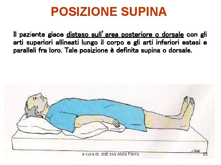 POSIZIONE SUPINA Il paziente giace disteso sull’area posteriore o dorsale con gli arti superiori