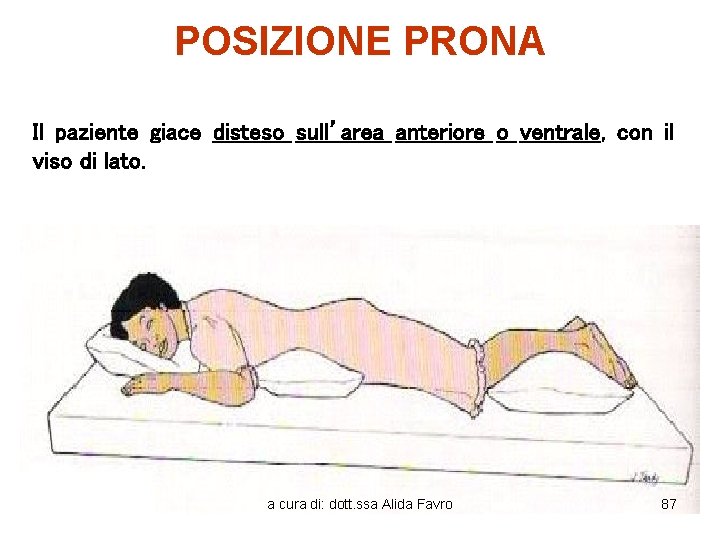 POSIZIONE PRONA Il paziente giace disteso sull’area anteriore o ventrale, con il viso di