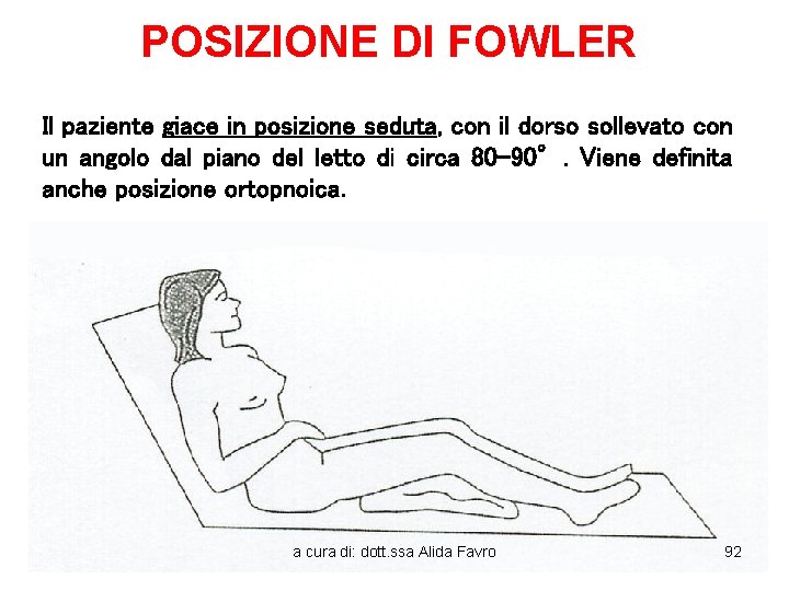 POSIZIONE DI FOWLER Il paziente giace in posizione seduta, con il dorso sollevato con