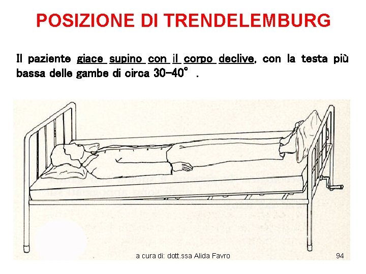 POSIZIONE DI TRENDELEMBURG Il paziente giace supino con il corpo declive, con la testa