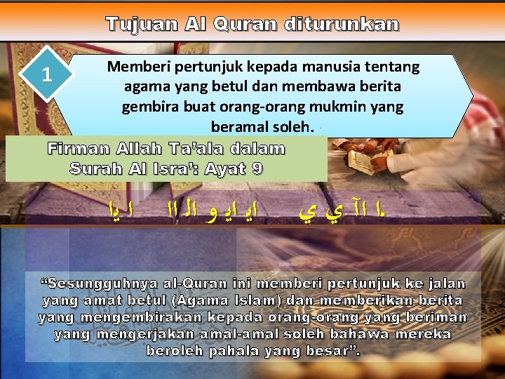 Tujuan Al Quran diturunkan Memberi pertunjuk kepada manusia tentang 1 agama yang betul dan